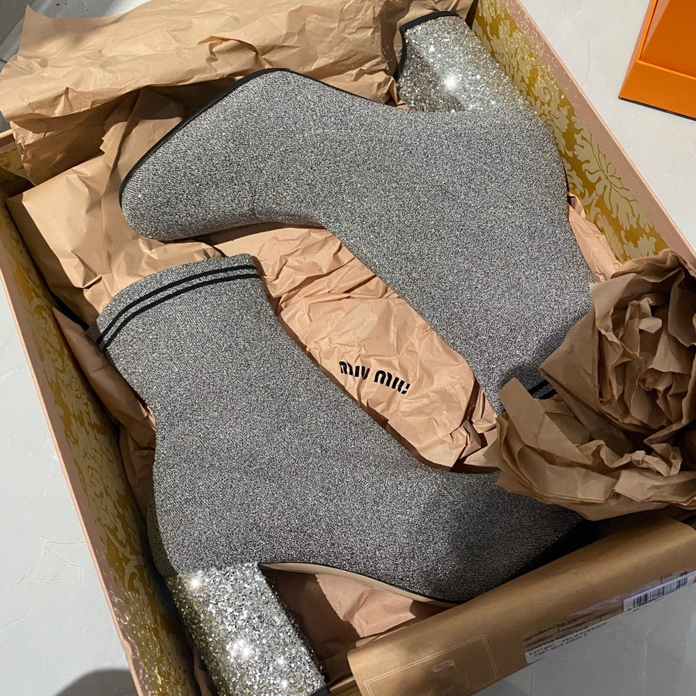 Miu Miu Silver Glitter Ankle Boots